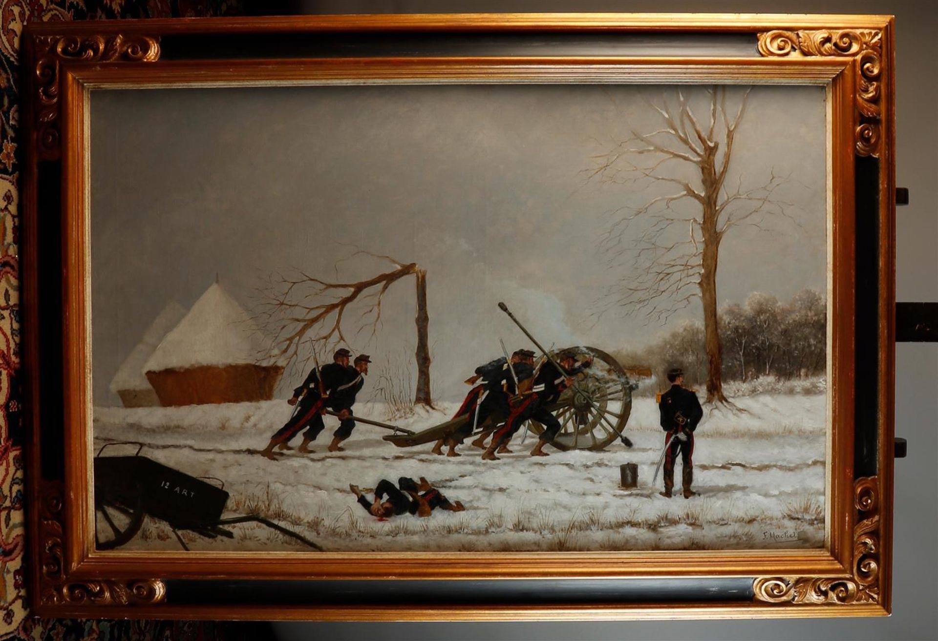 French School, 20th century, Field artillery in the snow, signed "F. Machel" (lower right), oil on c - Bild 2 aus 4