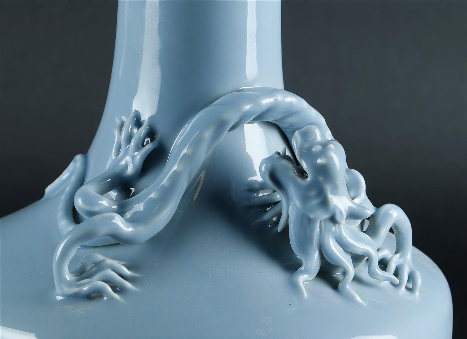 A large porcelain blue monochrome belly vase with an embossed dragon around the neck. With Yongzheng - Image 7 of 7