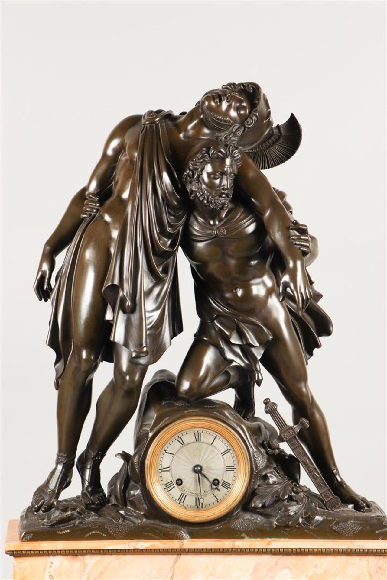 A monumental "Charles X" mantel clock on fire-gilt claw feet and with palm leaf banding. The  large  - Image 4 of 4