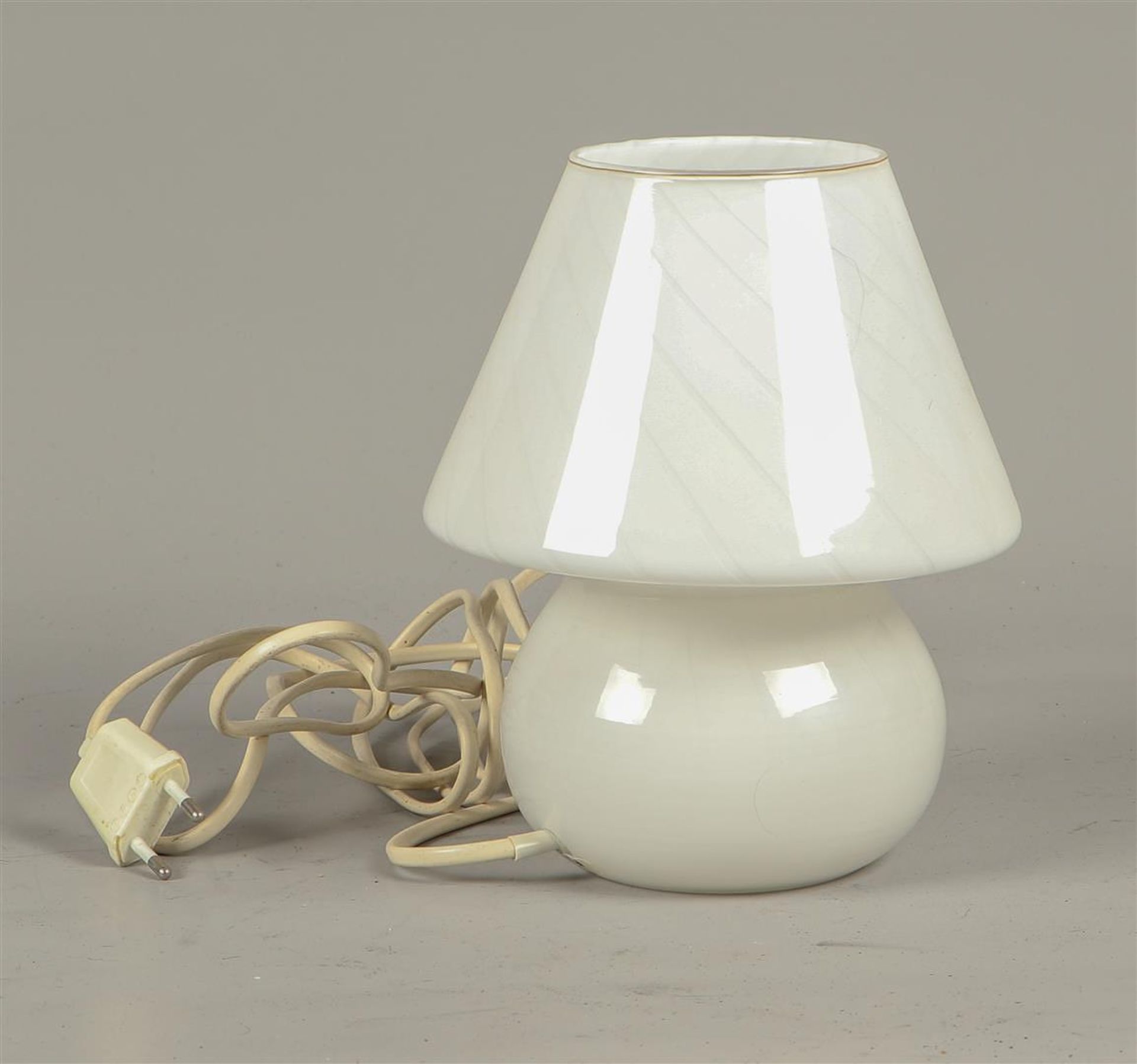 Small white glass mushroom lamp by Hala, 1990s. Due to the color differences, strips of twisted glas