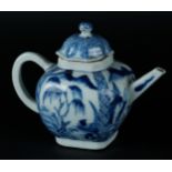 A porcelain angled teapot with river landscapes on the sides including weeping willow. China, Kangxi