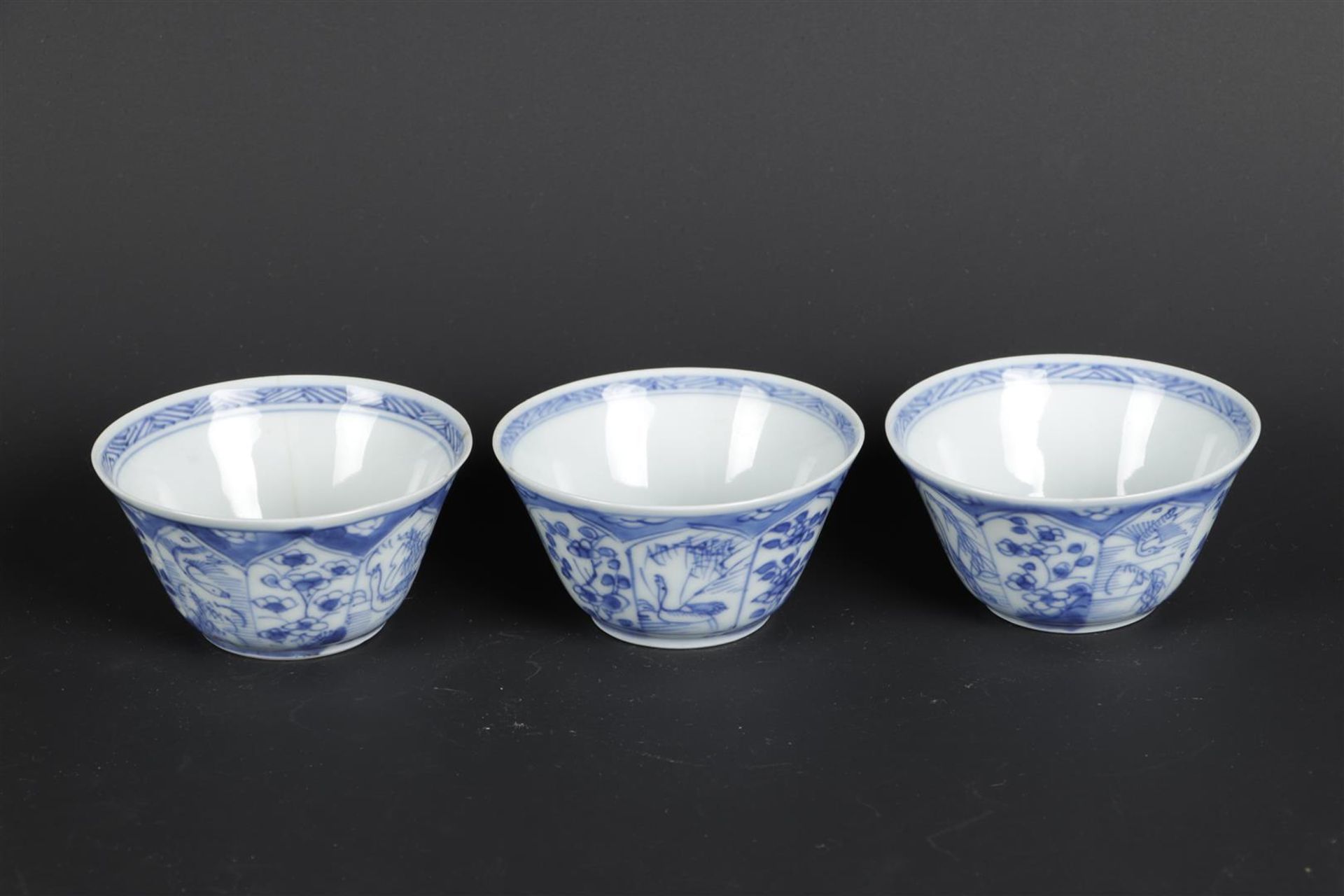 Three porcelain bowls with lotus beds on the outside, with duck and goose decor and with butterfly d - Image 3 of 5