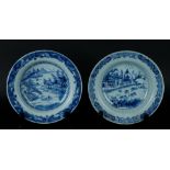 Two porcelain deep plates with river landscape decor with pagoda. China, Qianlong.