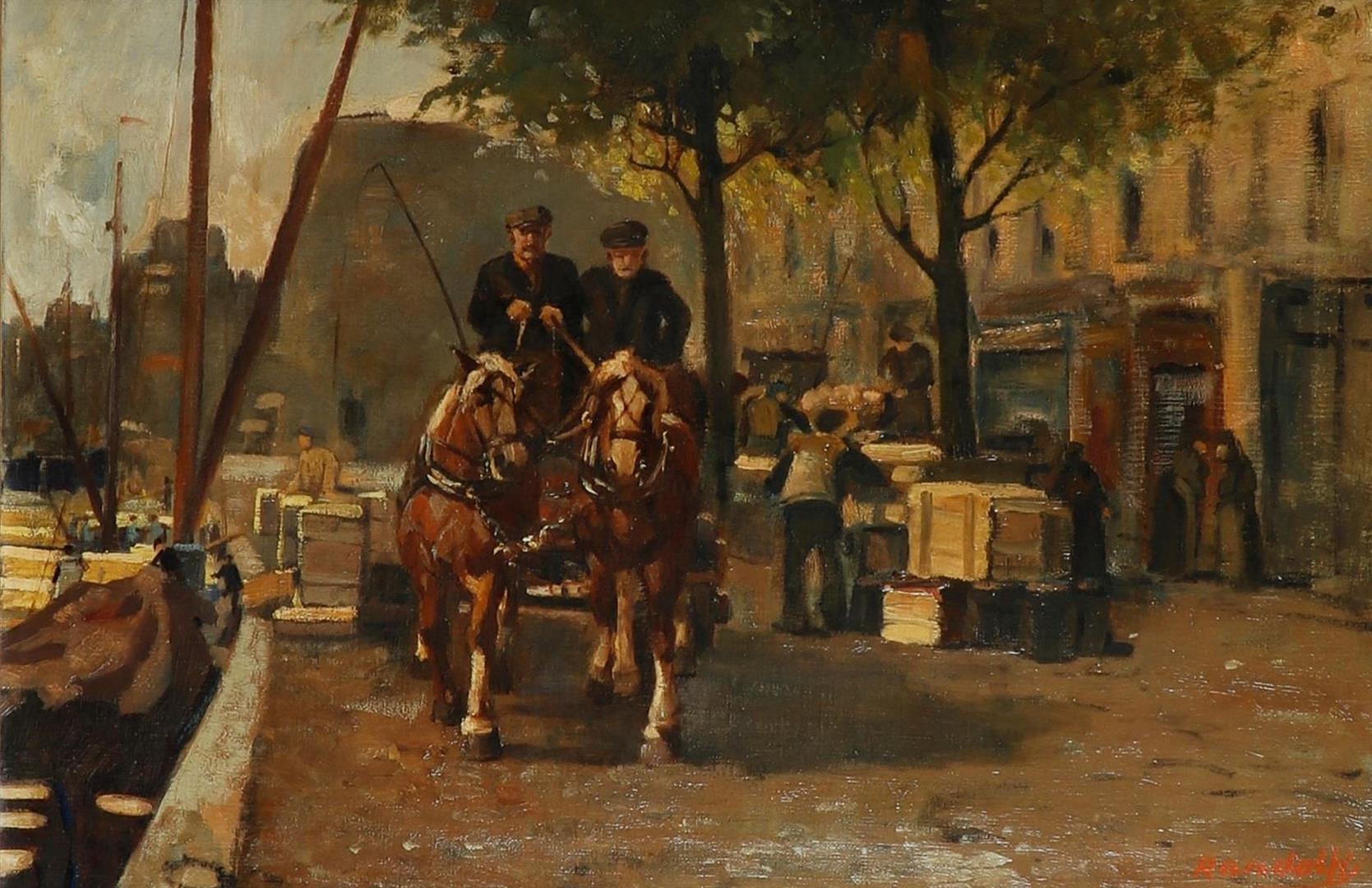 Dutch School, ca. 1930. Feeders on horse and carriage at the Rotterdam quay, signed "Randolff" (lowe