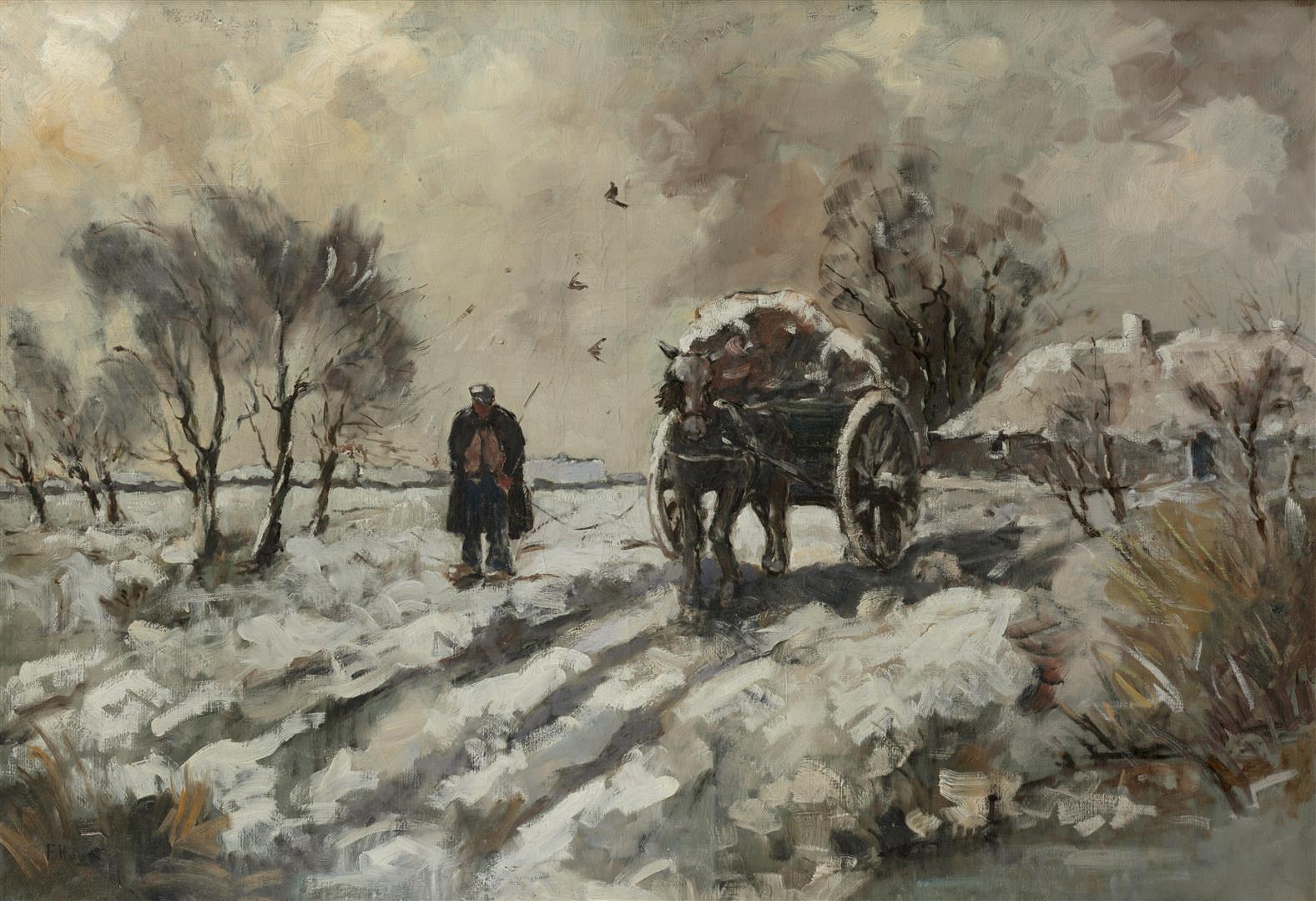 A farmer with a horsecart on a path through the snow, indistinctly signed (lower left), oil on canva