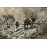 A farmer with a horsecart on a path through the snow, indistinctly signed (lower left), oil on canva