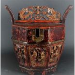 A wooden lunch box decorated with various figures. China, 19/20th century.