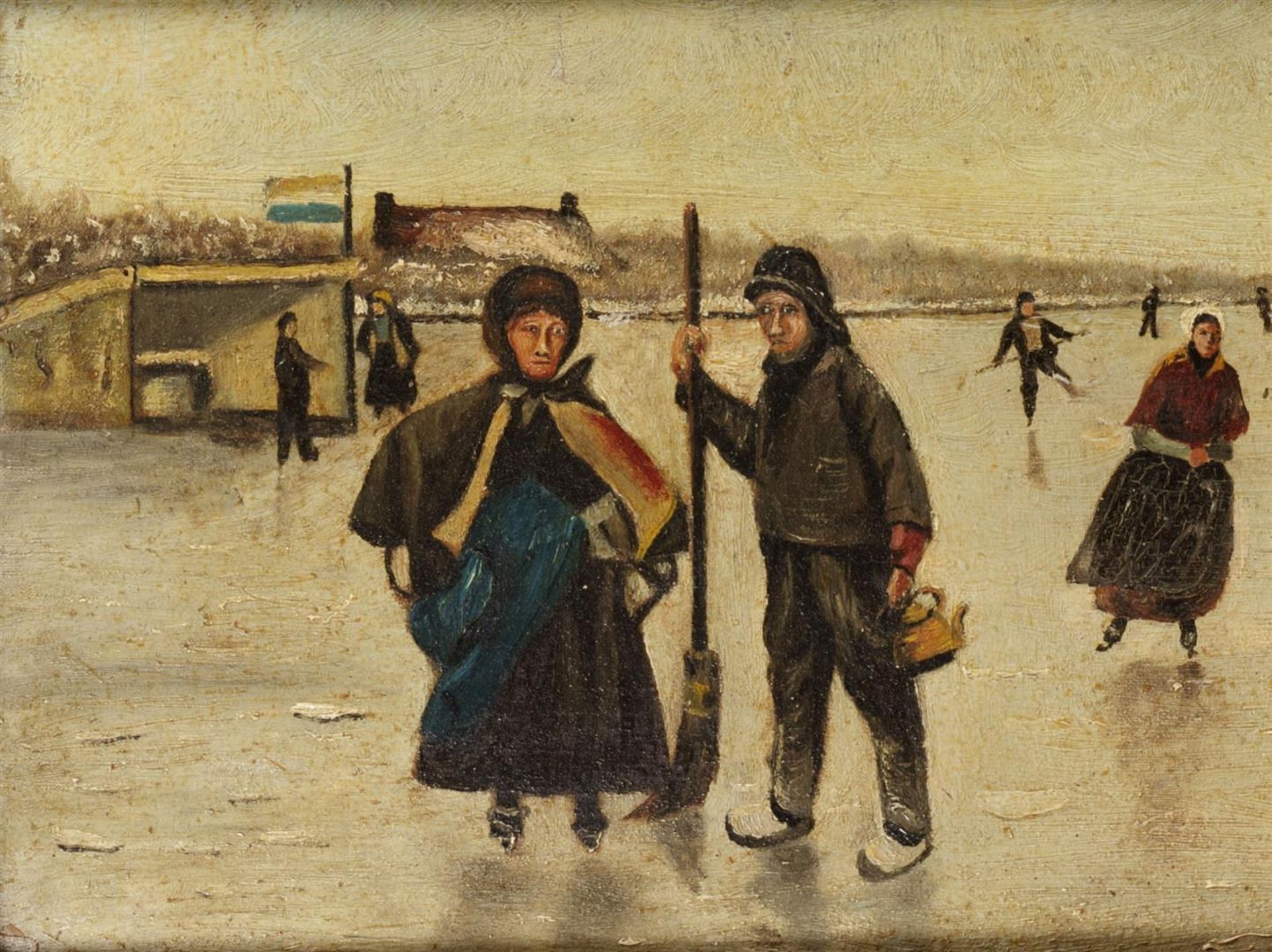 Riders on the ice, unsigned, oil on panel.