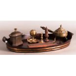 A 19th century coffered tray. Including an oil lamp, a pencil box, a warmer, a tobacco box, tree, sa