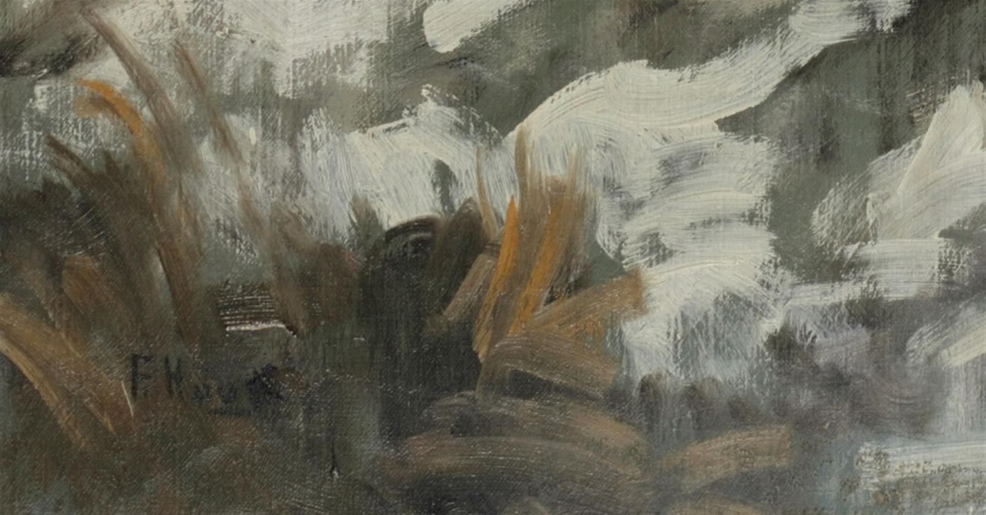 A farmer with a horsecart on a path through the snow, indistinctly signed (lower left), oil on canva - Image 3 of 4