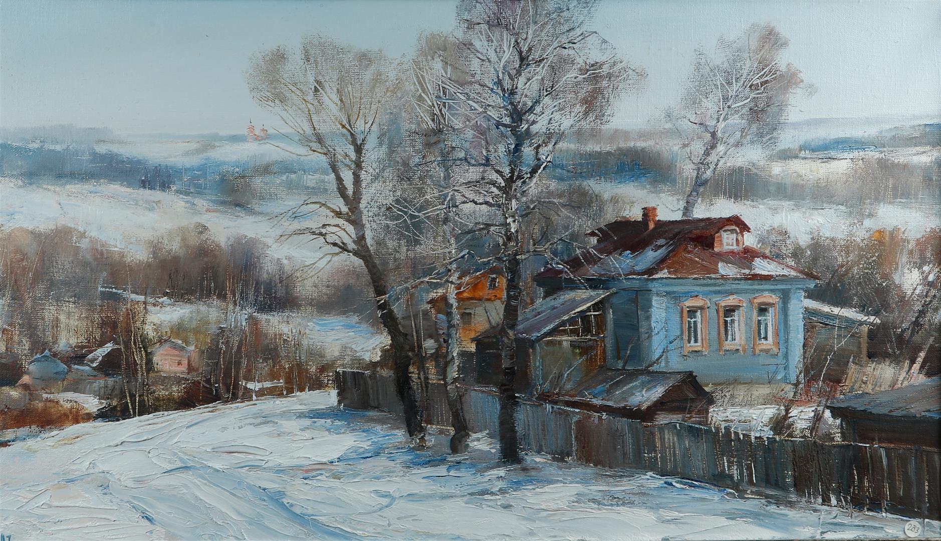 Eastern European School, A Datcha in a snowy landscape, signed (lower left), and signed and annotate