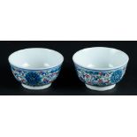 Two porcelain wucai bowls with rich floral decoration on the outside, the bottom with Qianlong chara