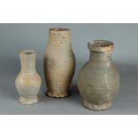 Three Steingut (stoneware) pitchers with handle, ribbed model. German 15th/16th century.
