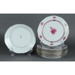 A set of 9 porcelain dinner plates with Apponyi purple decor. Herend, Hungary.