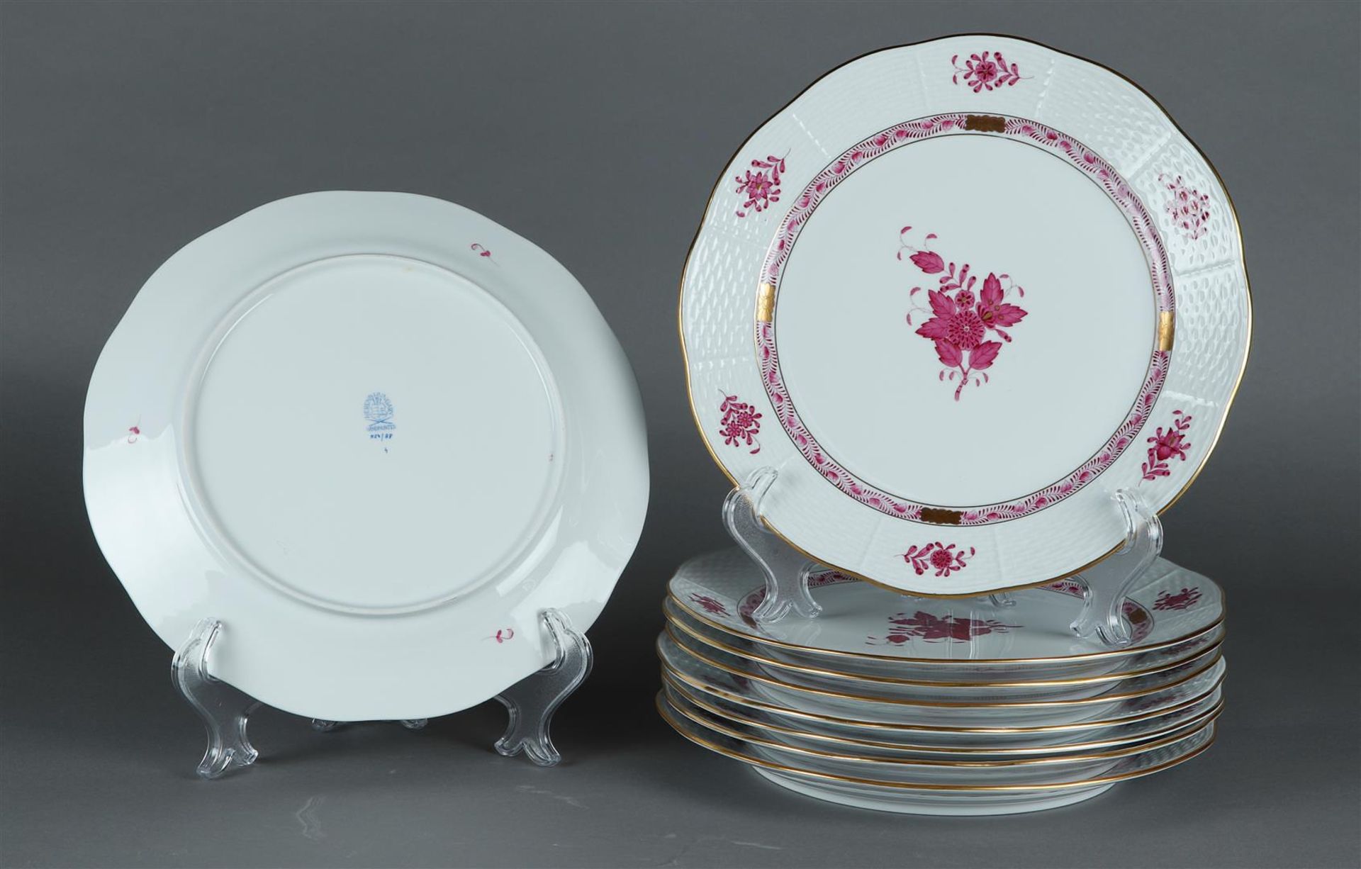 A set of 9 porcelain dinner plates with Apponyi purple decor. Herend, Hungary.
