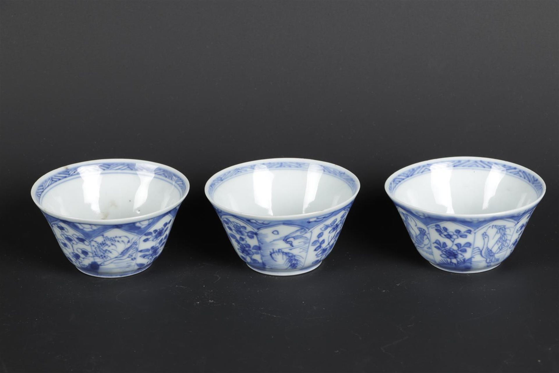 Three porcelain bowls with lotus beds on the outside, with duck and goose decor and with butterfly d - Image 2 of 5