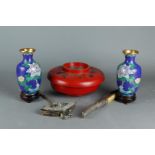 A large lot of Asian items, including cloisonné vases, a lacquer box, a dagger and a purse.