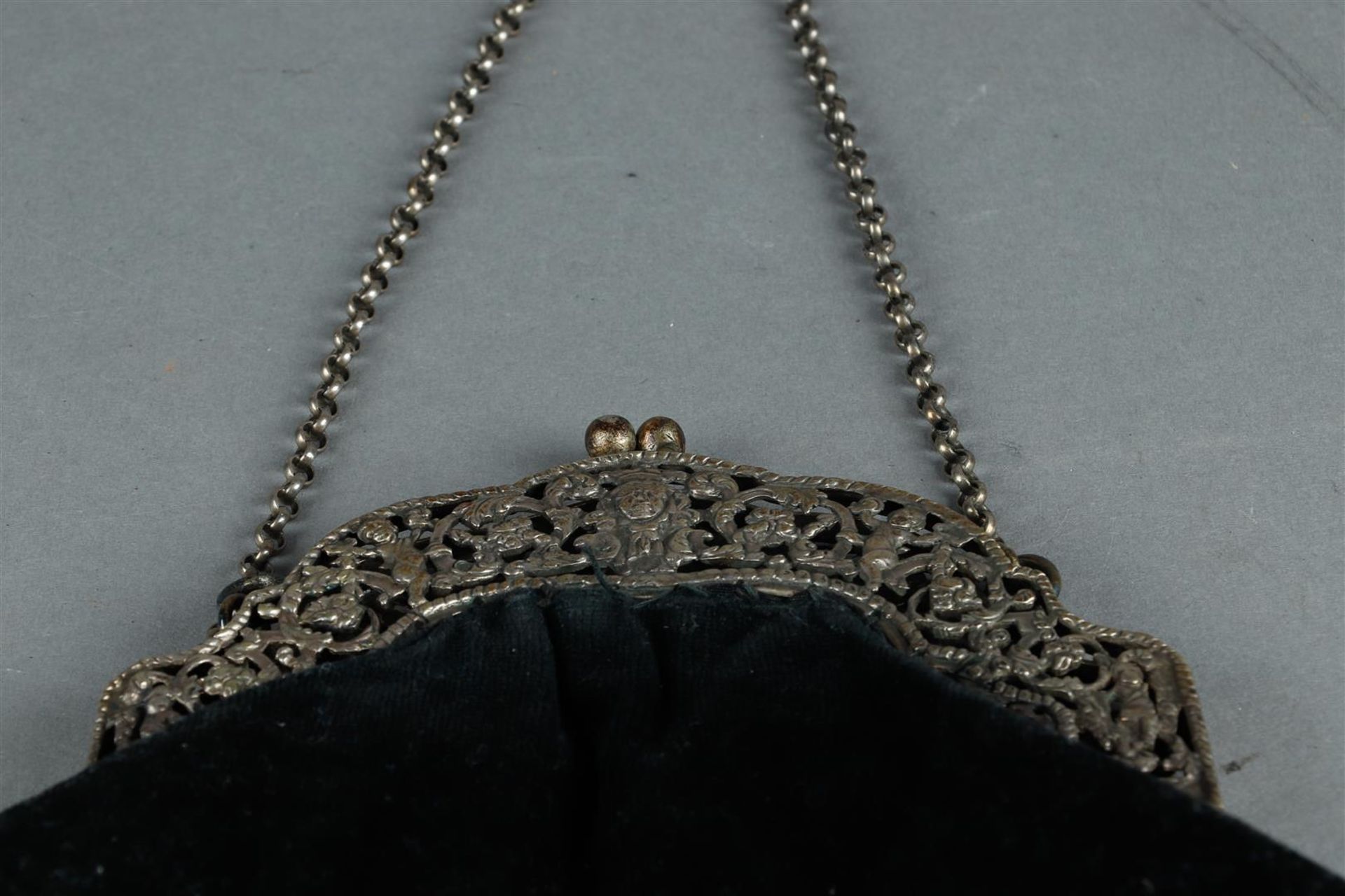 A large 19th century silver bail bag with putti in a tree of life. In addition, a small chain mail p - Image 3 of 4