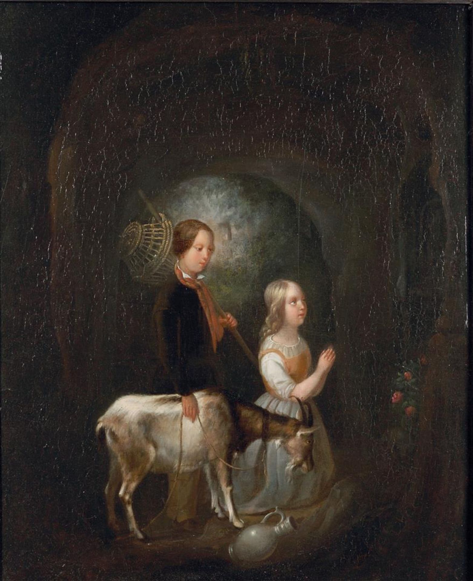Ignatius Josephus van Regemorter, (1785-1873)attributed to, A pious family in a cave. Oil paint on p