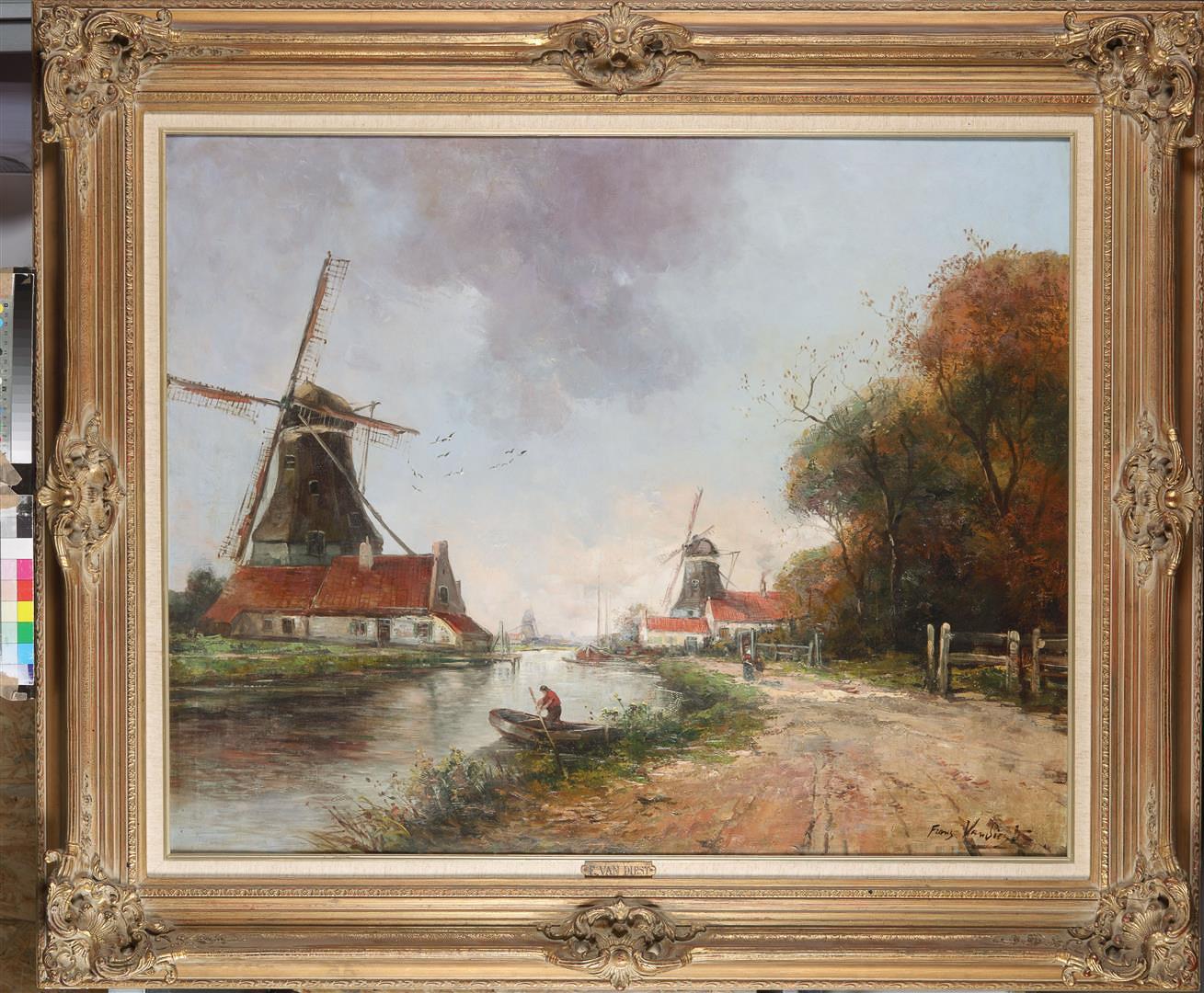 Frans van Diest, 19th century. Mills in a river landscape. Signed (lower right), oil on canvas. - Image 2 of 4
