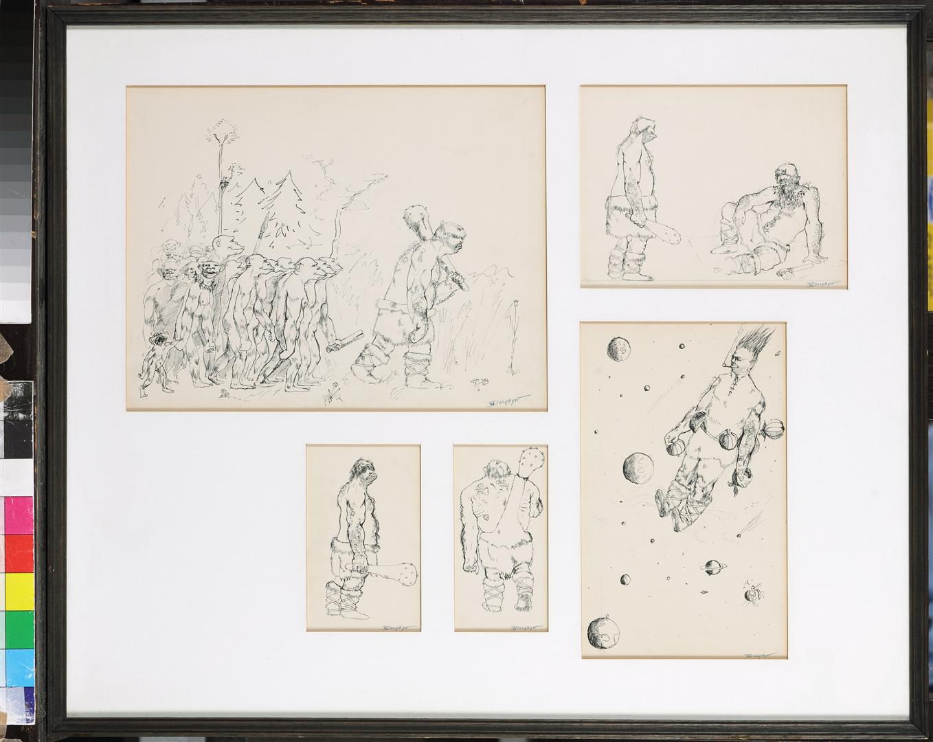 Willem Dolfyn, a lot of (5) sketches of cavemen. All signed, pen and ink on paper.