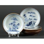 Five porcelain plates with peony and bamboo decor and capuchin exteriors. China, Qianlong.