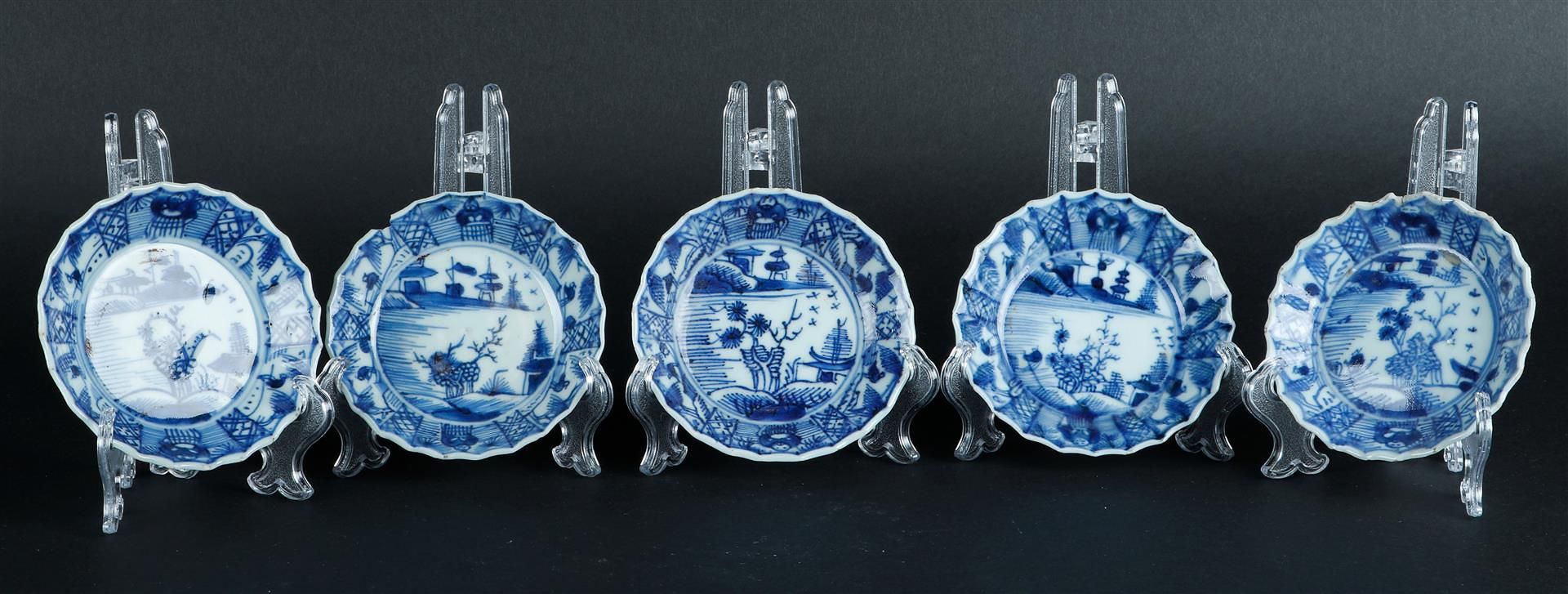 Five porcelain contoured plates with river landscape decor. China, Qianlong.