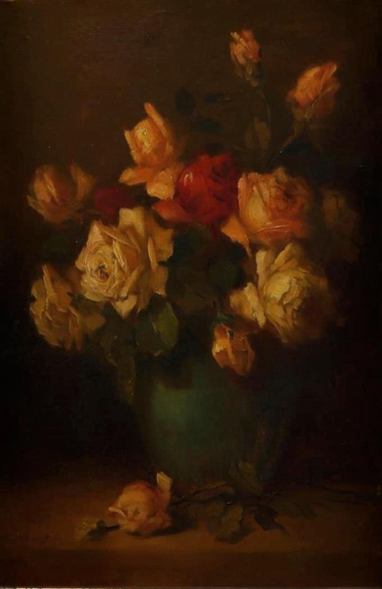 Dutch School, ca. 1920, Still life of roses in a vase, signed "MvR" (lower left), oil on canvas.
