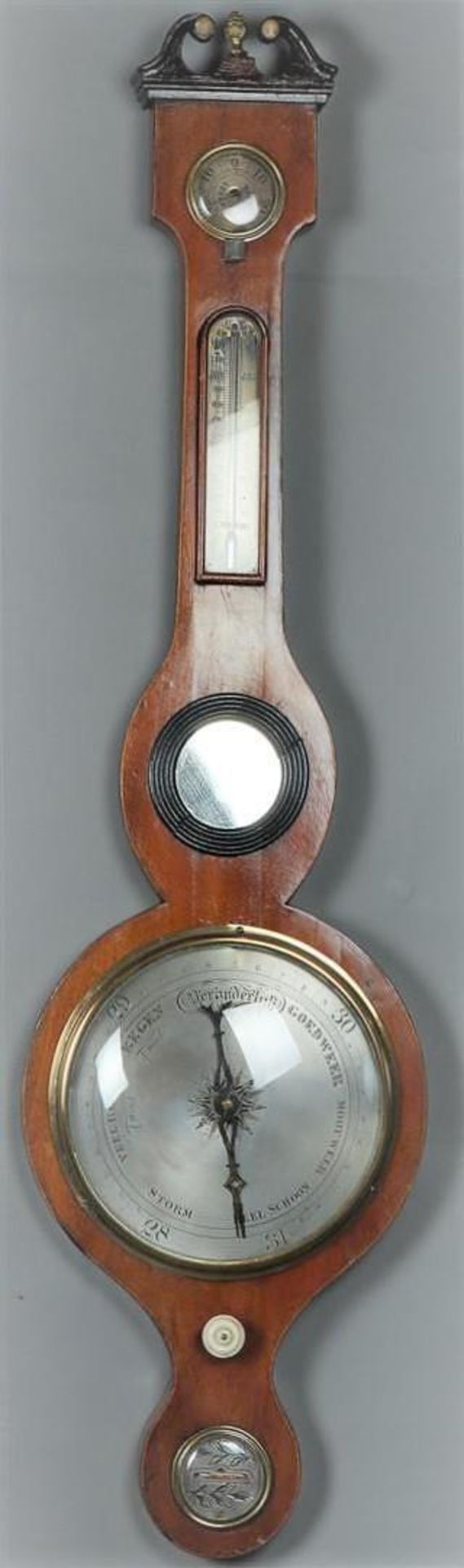 A banjo barometer including thermometer and dry/moisture meter. Holland, ca 1900.