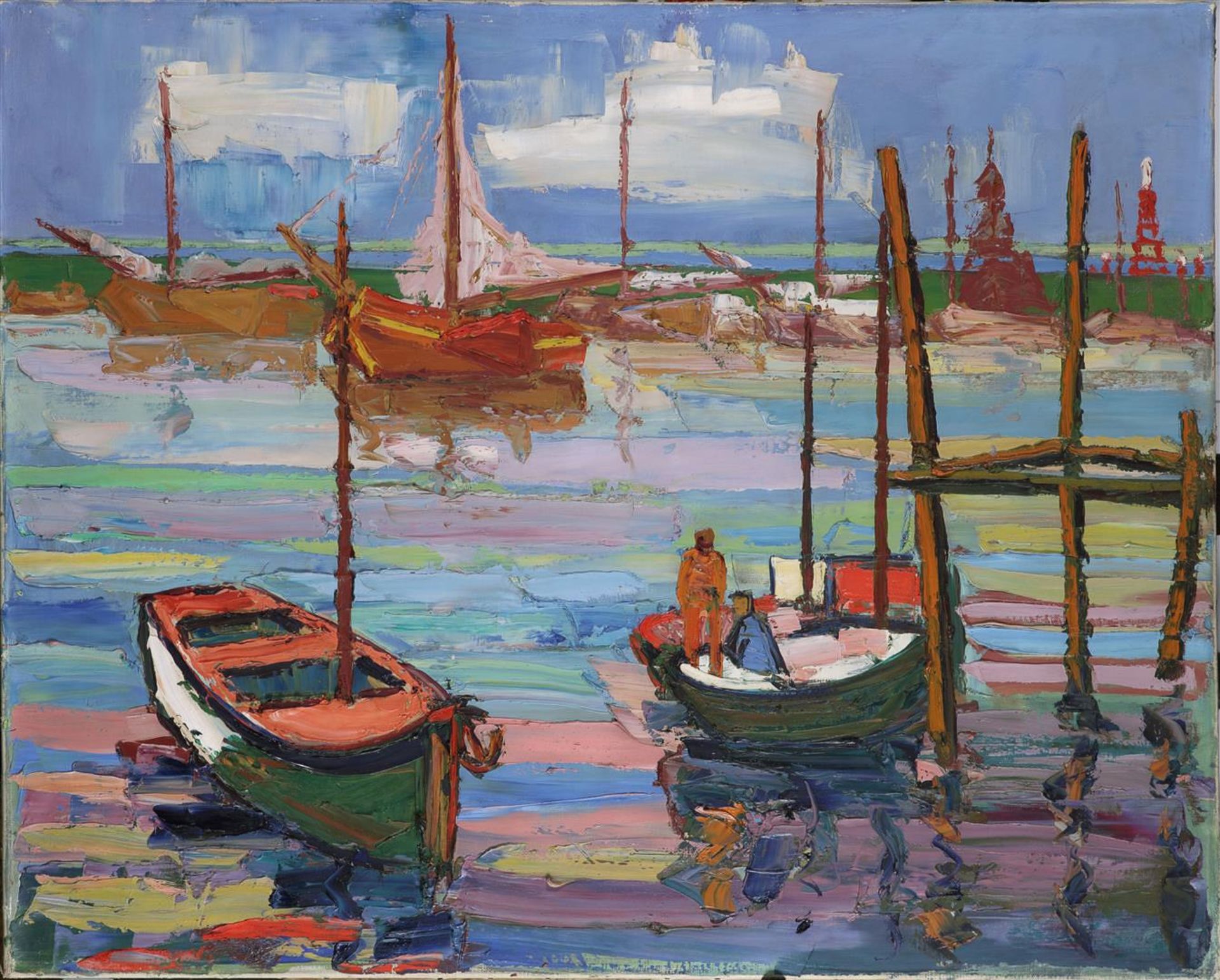 Belgian Expressionist, ca. 1950 - 1960, Dry fishing boats. Signed "Reyniers" (verso), oil on canvas,