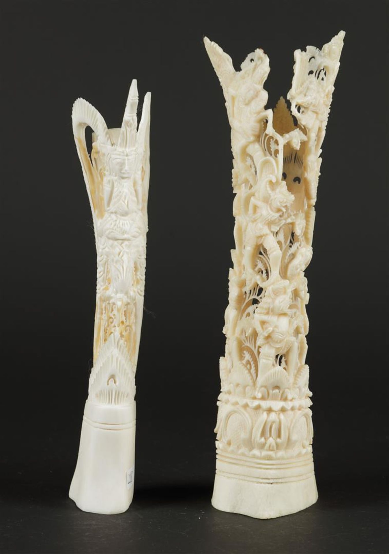 Two bone carvings, one with a Buddha, the other with various figures. India early 20th century H.24  - Image 4 of 6