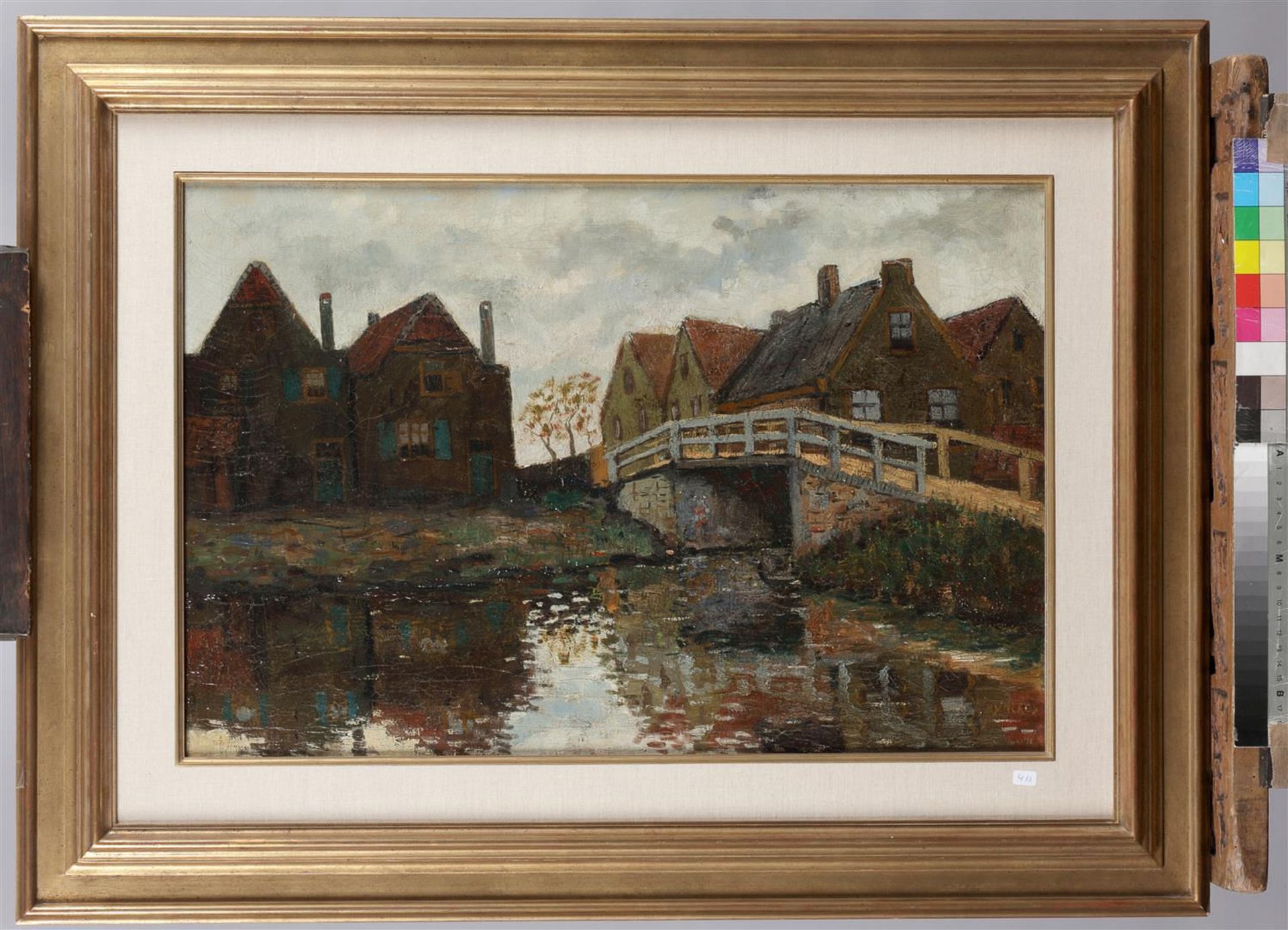 A village on the water, signed (lower left), oil on canvas. - Image 2 of 4