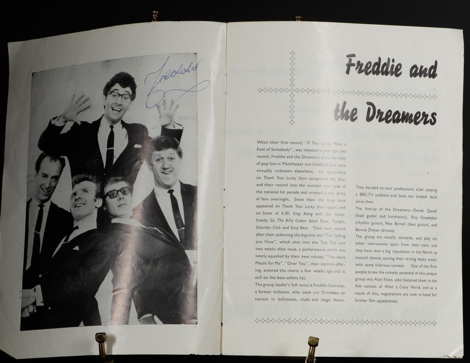 A program booklet with signatures from Beat group Freddie & the Dreamers and Wayne Fontana.  Provena