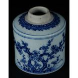A porcelain round tea caddy with prunus decor on the front and insects on the back. China, Qianlong.