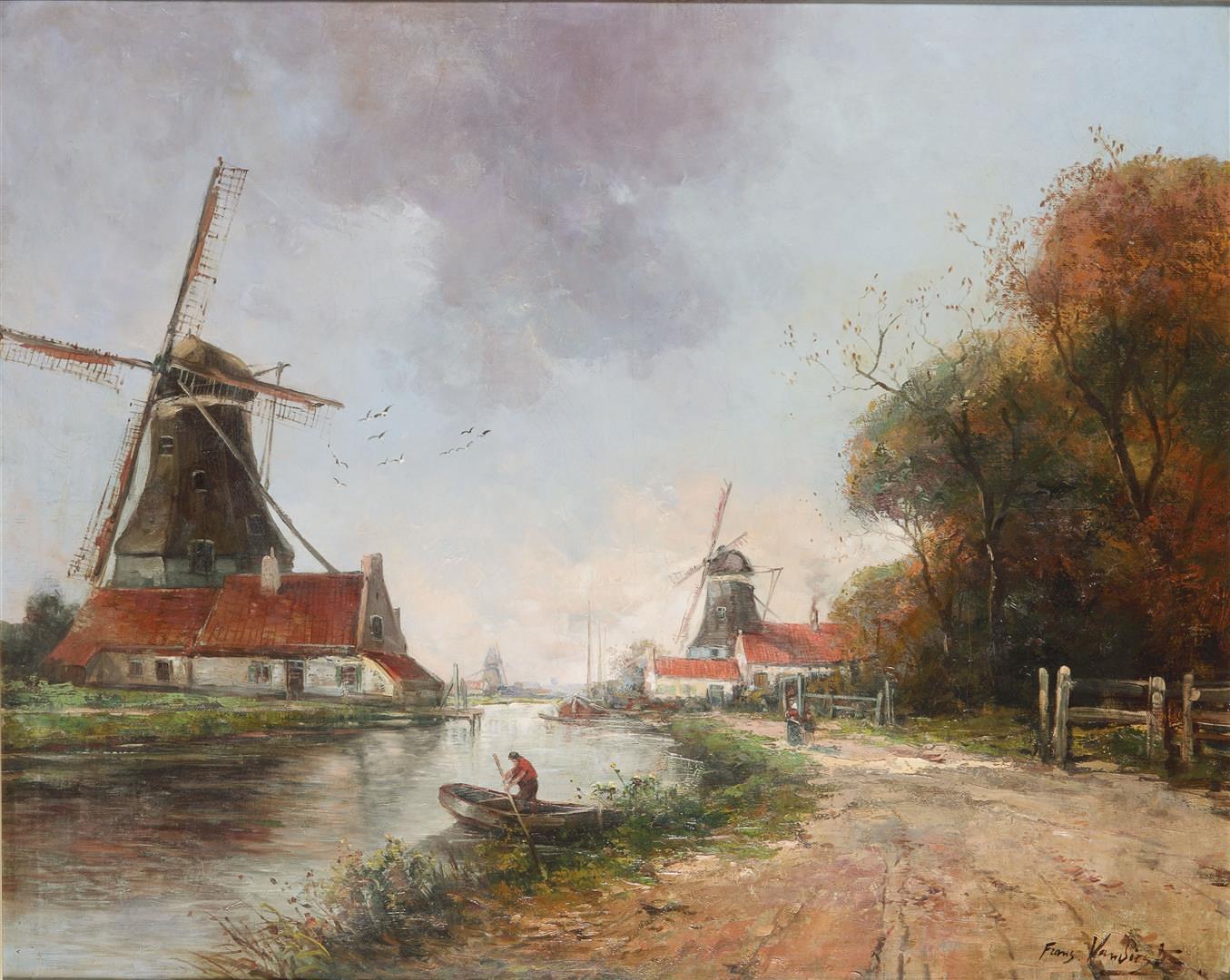 Frans van Diest, 19th century. Mills in a river landscape. Signed (lower right), oil on canvas.