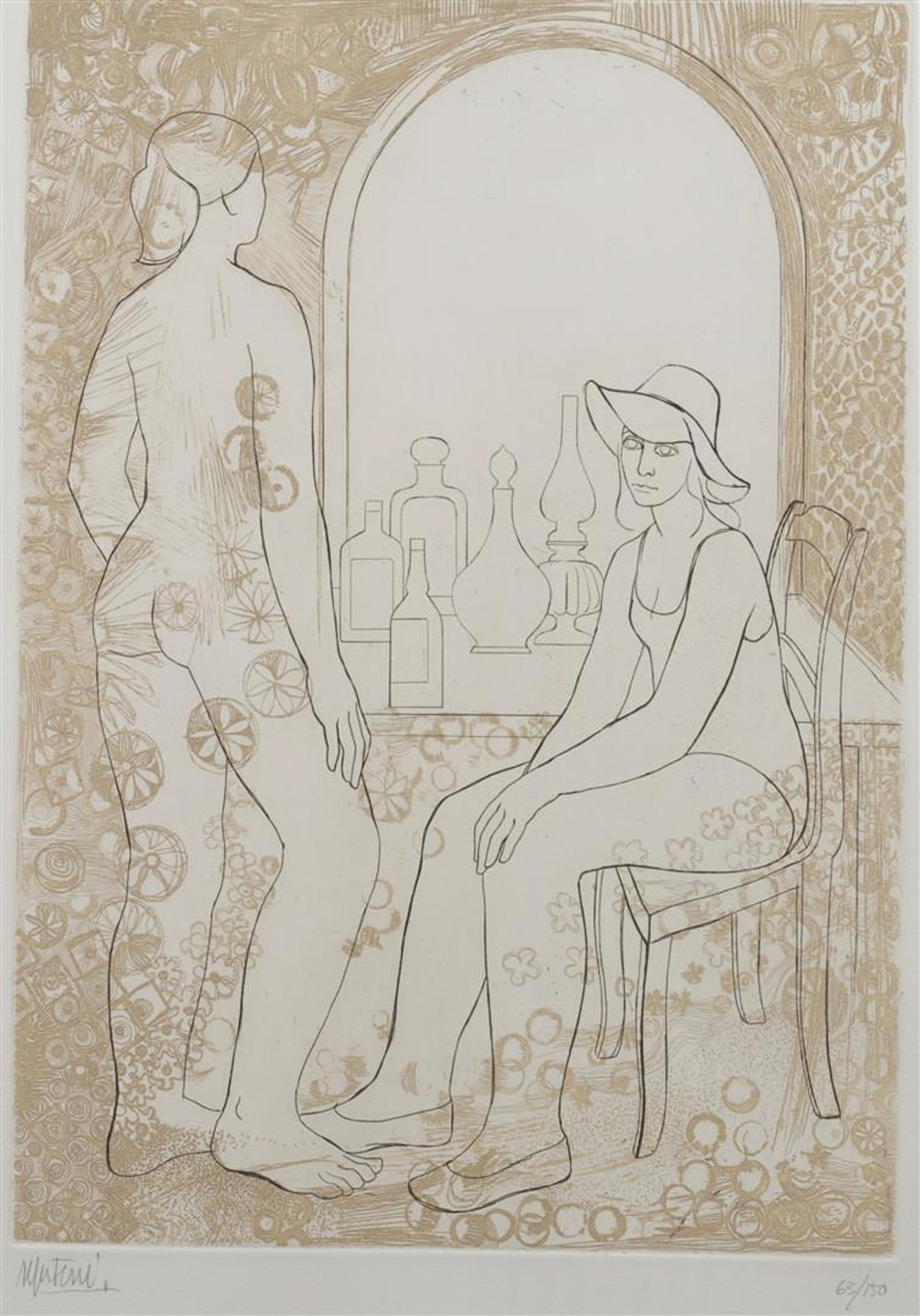 Two women in a boudoir, signed unclearly, and numbered "63/150" (in pencil), etching in two colors.