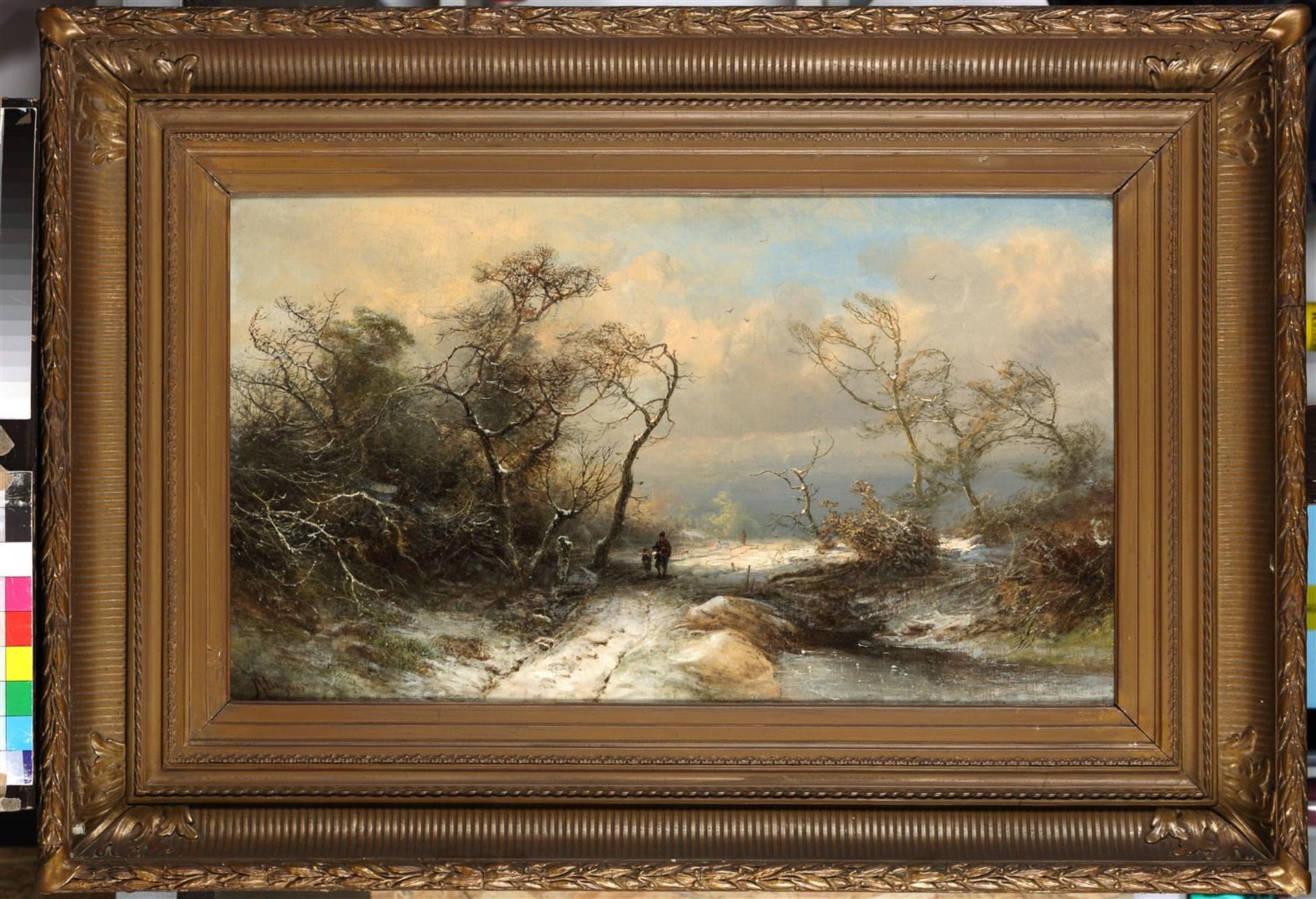 Pieter Lodewijk Francisco Kluyver (Amsterdam 1816 - 1900), Winter landscape with figures on a forest - Image 2 of 4