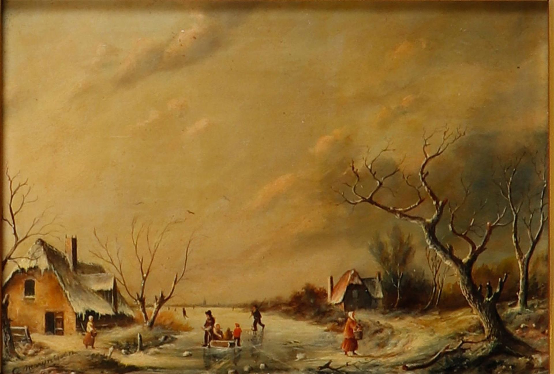 Dutch School, 20th century, Figures on the ice in a landscape, indistinctly signed (lower left), oil