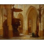 A. Mignet, 19th century, Church interior with figures, signed (lower right), oil on panel.