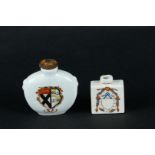 Two porcelain snuff bottles with weapon decoration. European, 19th/20th century.