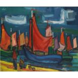 Belgian expressionist, ca. 1950 - 1960, Fishing ships in the harbor (Oostende?), signed "Reyniers" (