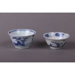 Two porcelain, various bowls with river landscapes on the outside, 1x marked with seal mark. China,