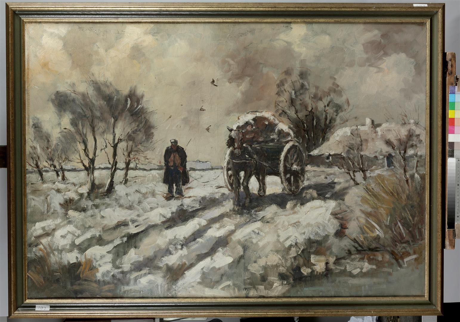 A farmer with a horsecart on a path through the snow, indistinctly signed (lower left), oil on canva - Image 2 of 4