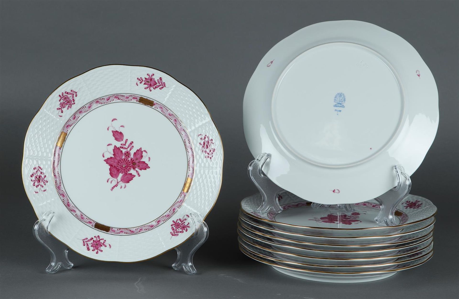 A set of 6 porcelain breakfast plates with apponyi purple decor. Herend, Hungary.