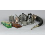 A lot miscellaneous items, including a silver-plated teapot, and two harmonicas.