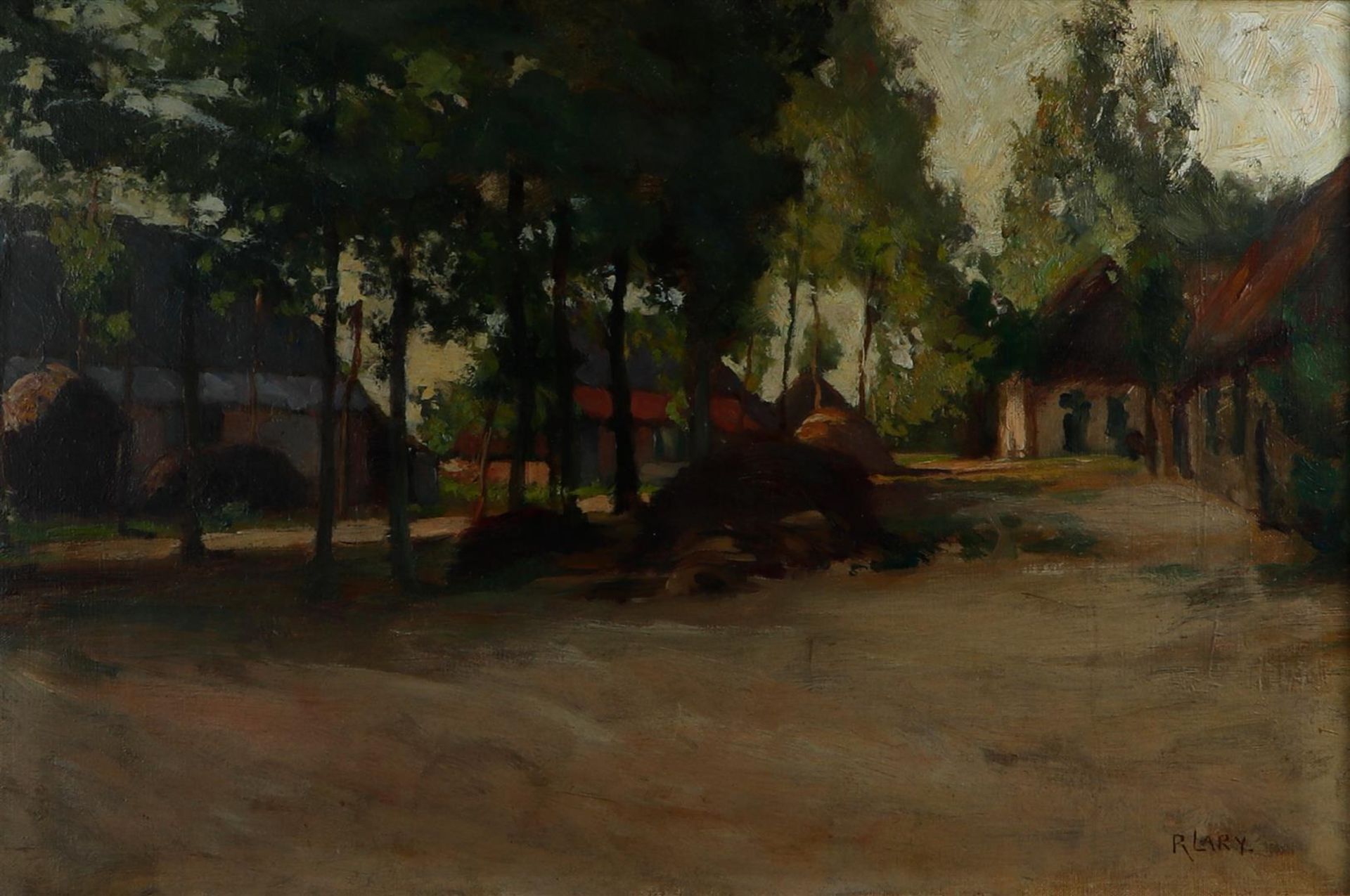 Roeland Larij (Dordrecht 1855 - 1932), A dirt road through a village, signed "R LARY" (apocryphal), 