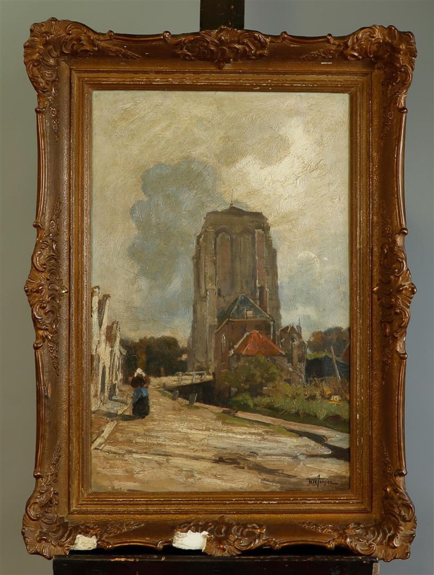 Hendrik Willebrord Jansen (Zeist 1855 - 1911), Cityscape in Holland with a stubby tower. Signed (low - Bild 2 aus 4