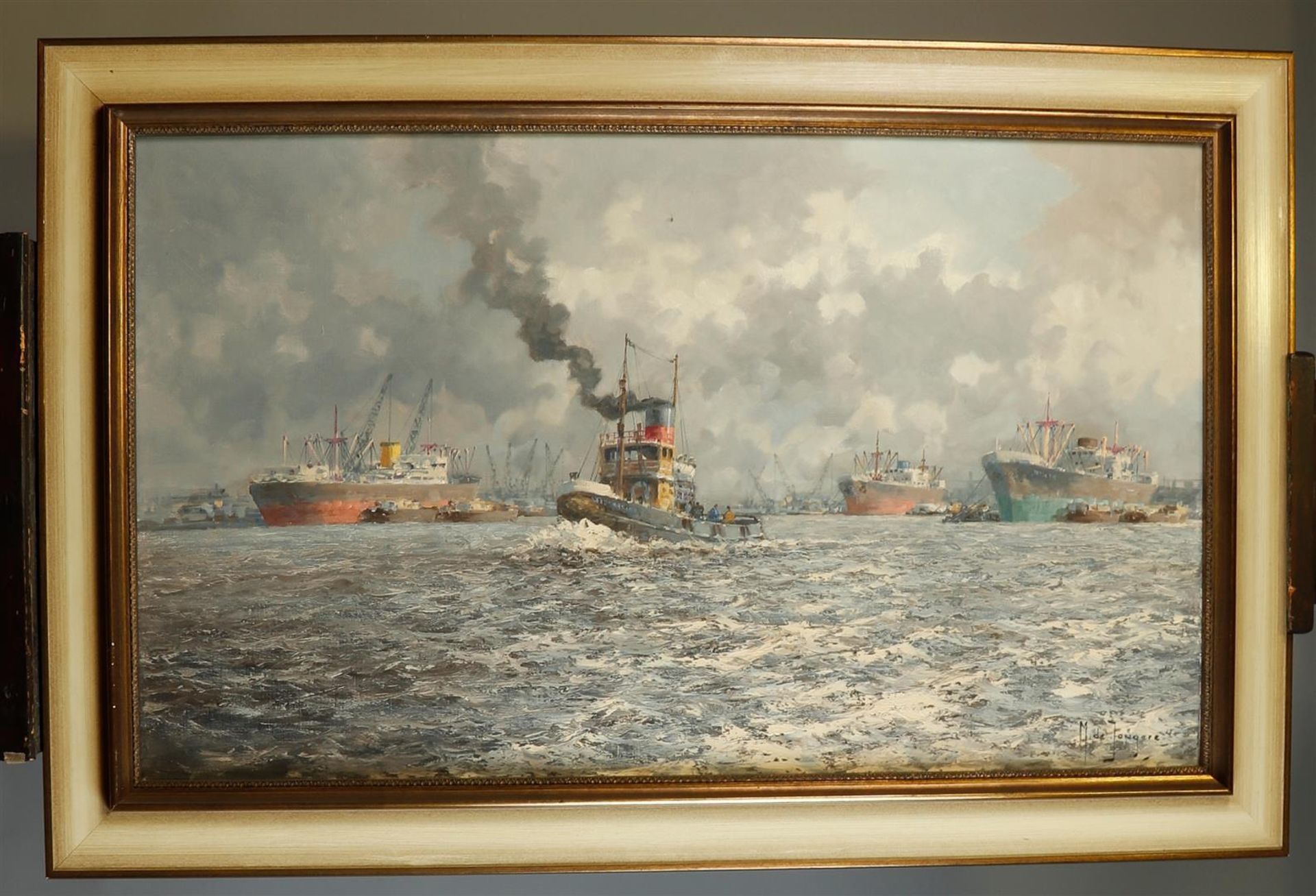 M. de Jongere, Tug in the port of Rotterdam. Oil on canvas. - Image 2 of 4
