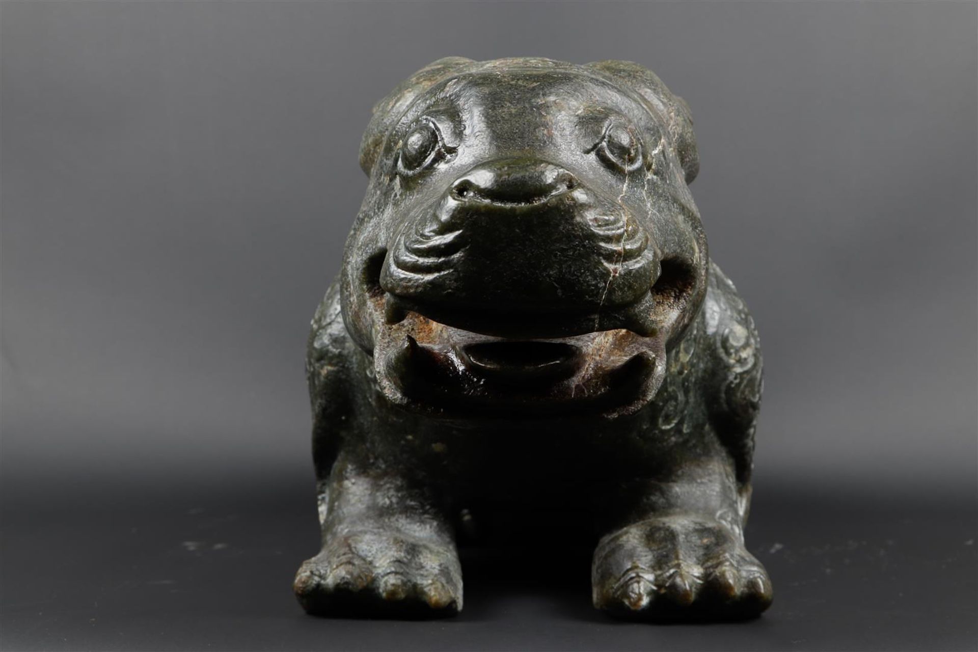A "Spinach" jade sculpture of a fantasy lion. 20th century. Weight 34.5 kg. - Image 12 of 14