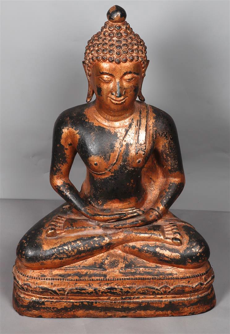 A very large bronze Buddha with partly traces of gilding. Tibet, 19th century.